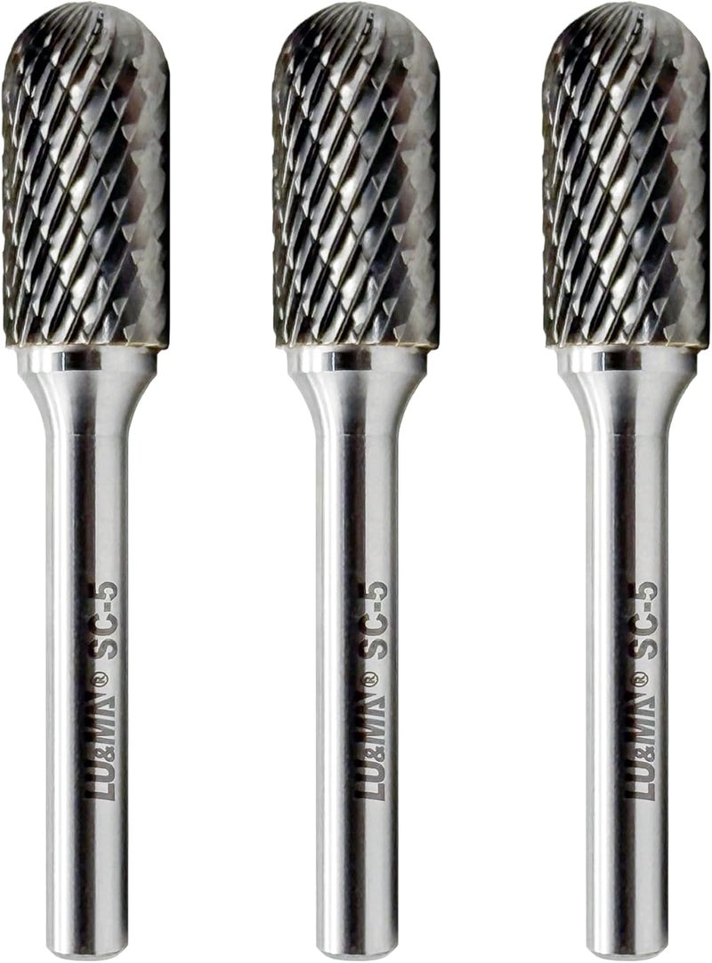 LU&MN Tungsten Carbide Burr Cylinder Shape SC-5 with Radius End Double Cut Rotary Burr File (1/2" Cutter Dia X 1"Cutter Length) with 1/4'' shank,3PCS - Image 1